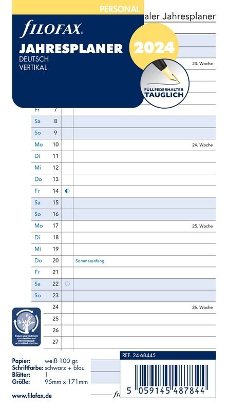 Filofax Personal Kalendereinlage 2024 Jahresplan Leporello Weiß Deutsch