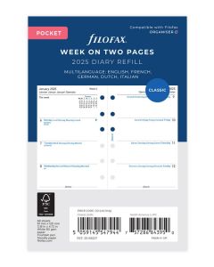 Filofax Pocket Kalendereinlage 2025 1 Woche auf 2 Seiten Weiß mehrsprachig