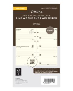 Filofax Personal Kalendereinlage 2025 1 Woche auf 2 Seiten Cotton Cream Deutsch