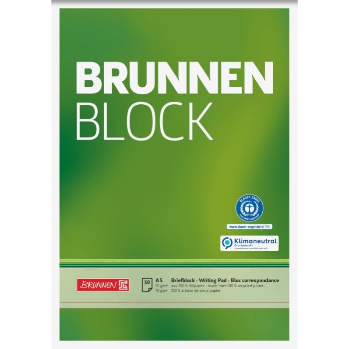 Brunnen Briefblock Recycling A5 unliniert 70g grün 50 Blatt Brunnen Briefblock Recycling A5 unliniert 70g grün 50 Blatt