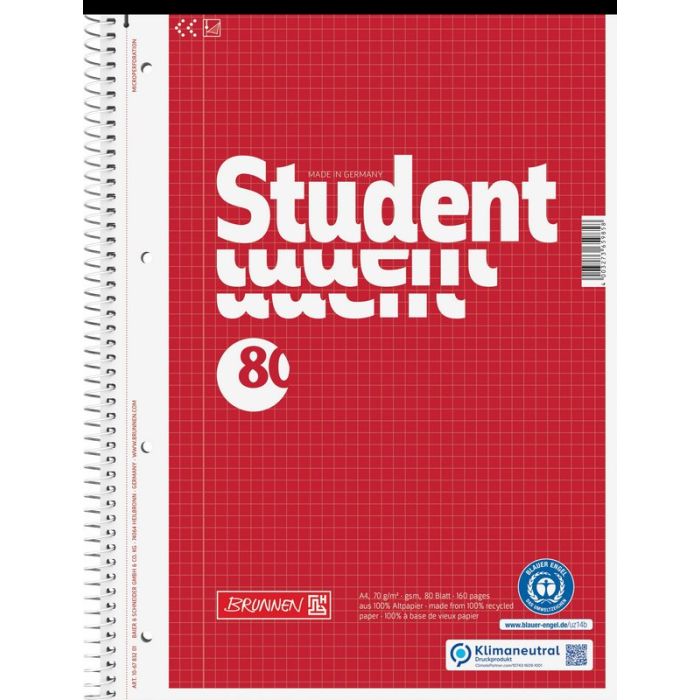 Brunnen Collegeblock Student Recycling A4 kariert 80 Blatt Brunnen Collegeblock Student Recycling A4 kariert 80 Blatt