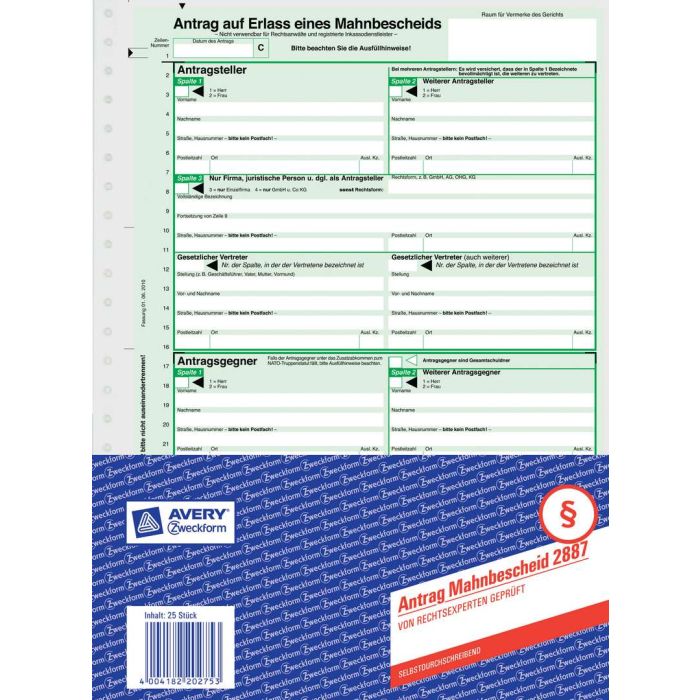 Avery Zweckform Mahnbescheid DIN A4 Avery Zweckform Mahnbescheid DIN A4