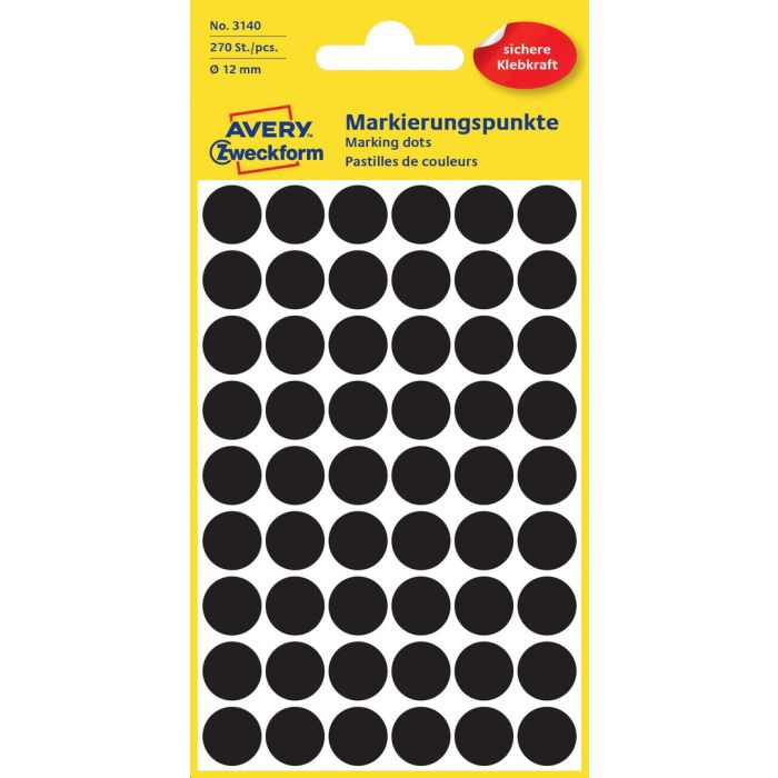 Avery Zweckform 3140 Markierungspunkte, Ø 12 mm, schwarz Avery Zweckform 3140 Markierungspunkte, Ø 12 mm, schwarz