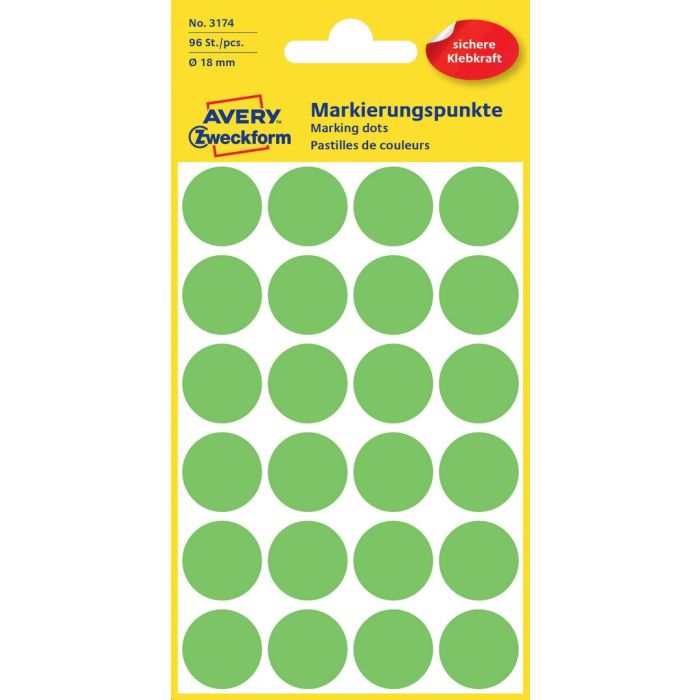 Avery Zweckform Markierungspunkt Durchmesser: 18 mm, Papier, leuchtgrün, 96 Etik./Pack. Avery Zweckform Markierungspunkt Durchmesser: 18 mm, Papier, leuchtgrün, 96 Etik./Pack.