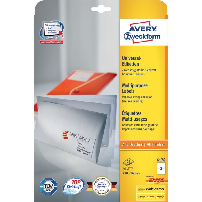 Avery Zweckform 6176 Universal-Etiketten, 210 x 148 mm, weiß Avery Zweckform 6176 Universal-Etiketten, 210 x 148 mm, weiß