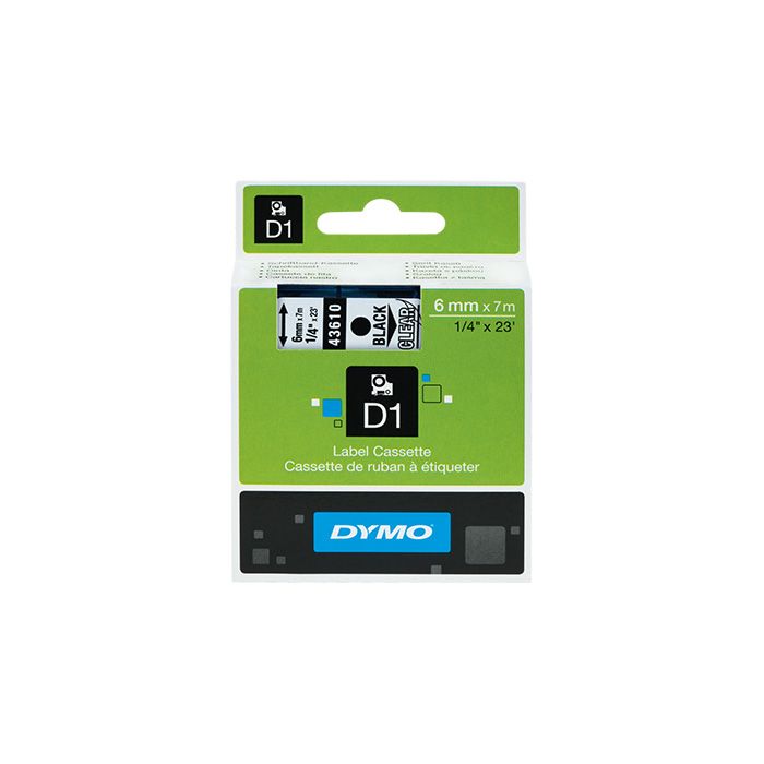 DYMO® Schriftbandkassette D1, 6 mm x 7 m (B x L), laminiert, Farbe des Schriftbandes: transparent, Druckfarbe: schwarz DYMO® Schriftbandkassette D1, 6 mm x 7 m (B x L), laminiert, Farbe des Schriftbandes: transparent, Druckfarbe: schwarz