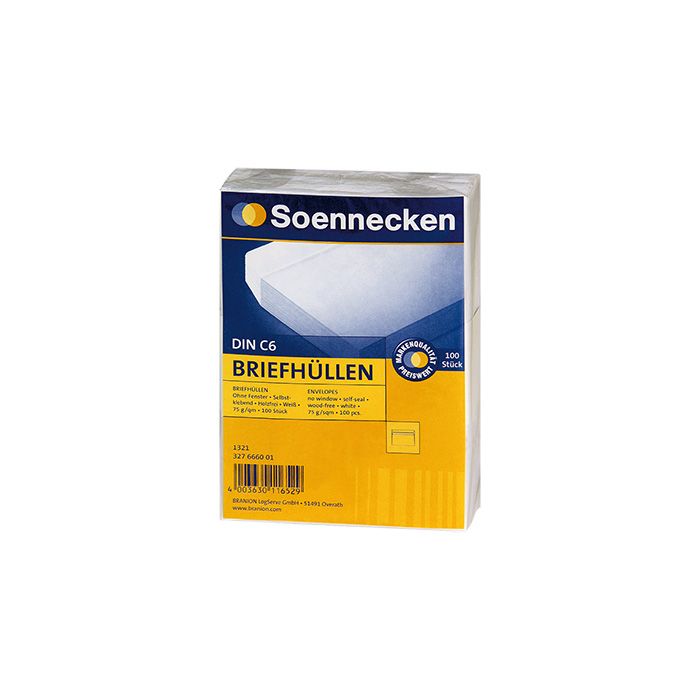 Soennecken Briefhülle DIN C6, 162 x 114 mm (B x H), mit Selbstklebung, 75 g/qm, holzfrei, weiß, 100 St./Pack. Soennecken Briefhülle DIN C6, 162 x 114 mm (B x H), mit Selbstklebung, 75 g/qm, holzfrei, weiß, 100 St./Pack.