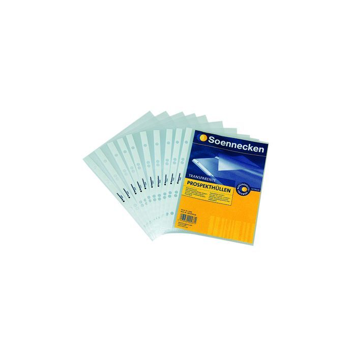 Soennecken Prospekthülle DIN A5, oben offen, 6fach Lochung, dokumentenecht, 0,08 mm, Polypropylen, transparent, genarbt, 10 St./Pack. Soennecken Prospekthülle DIN A5, oben offen, 6fach Lochung, dokumentenecht, 0,08 mm, Polypropylen, transparent, genarbt, 10 St./Pack.