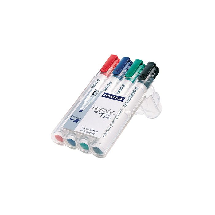 STAEDTLER® Whiteboardmarker Lumocolor®, Keilspitze, ca. 2-5 mm, Schreibfarbe: schwarz, rot, blau, grün, nachfüllbar, 4 St./Pack. STAEDTLER® Whiteboardmarker Lumocolor®, Keilspitze, ca. 2-5 mm, Schreibfarbe: schwarz, rot, blau, grün, nachfüllbar, 4 St./Pack.