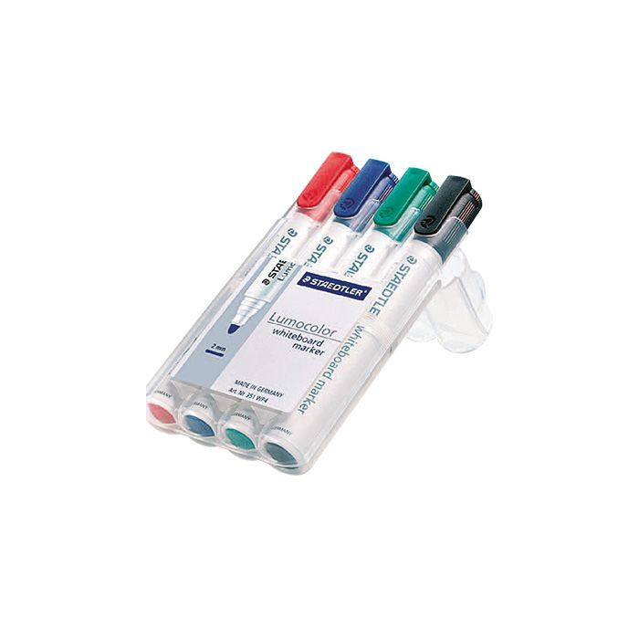 STAEDTLER® Whiteboardmarker Lumocolor®, Rundspitze, ca. 2 mm, Schreibfarbe: schwarz, rot, blau, grün, nachfüllbar, 4 St./Pack. STAEDTLER® Whiteboardmarker Lumocolor®, Rundspitze, ca. 2 mm, Schreibfarbe: schwarz, rot, blau, grün, nachfüllbar, 4 St./Pack.