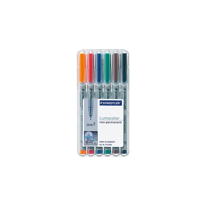 STAEDTLER® Folienschreiber Lumocolor® non-permanent, ca. 0,6 mm, Schreibfarbe: rot, blau, orange, grün, braun, schwarz, 6 St./Pack STAEDTLER® Folienschreiber Lumocolor® non-permanent, ca. 0,6 mm, Schreibfarbe: rot, blau, orange, grün, braun, schwarz, 6 St./Pack