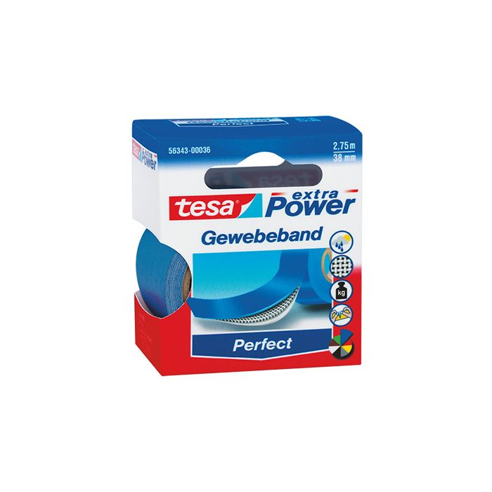 tesa® Gewebeband extra Power® Perfect, 38 mm x 2,75 m (B x L), Einsatz im: Innenbereich, Außenbereich, blau tesa® Gewebeband extra Power® Perfect, 38 mm x 2,75 m (B x L), Einsatz im: Innenbereich, Außenbereich, blau