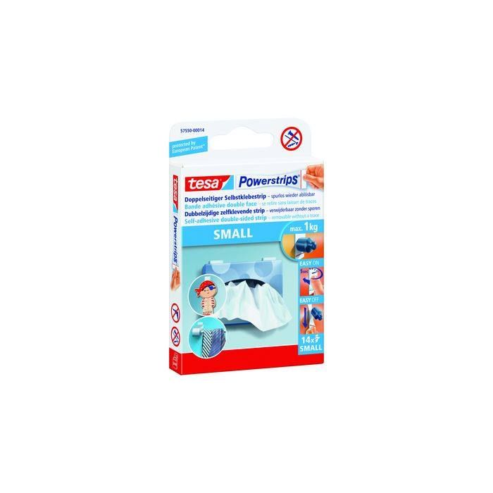 tesa® Klebestück Powerstrips® Small, 81 x 15 mm (B x L), für: Schnelles Befestigen von Objekten, die spurlos wieder abgelößt werden können, Tragfähigkeit: 1.000 g, wieder ablösbar, Klebemasse lösungsmittelfrei, weiß, 14 St./Pack.