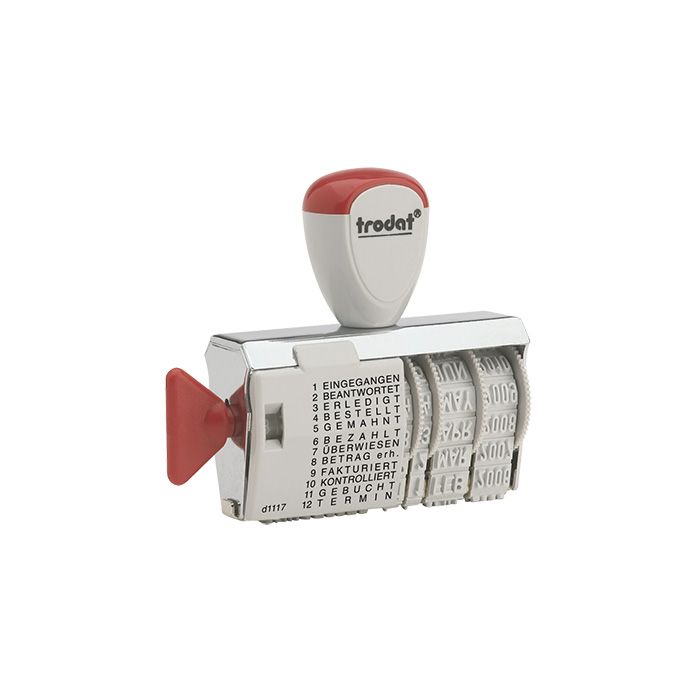 trodat® Wortbandstempel Classic 1117, 12 Texte, Datumsformat: Monat in Buchstaben, Stempelfläche: 54 x 4 mm (B x H), Metall, Kunststoff, silber-lichtgrau-rot trodat® Wortbandstempel Classic 1117, 12 Texte, Datumsformat: Monat in Buchstaben, Stempelfläche: 54 x 4 mm (B x H), Metall, Kunststoff, silber-lichtgrau-rot
