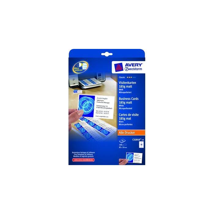 Avery Zweckform Visitenkarte DIN A4, 10 Karten/Bl., 185 g/qm, weiß, 10 Bl./Pack. Avery Zweckform Visitenkarte DIN A4, 10 Karten/Bl., 185 g/qm, weiß, 10 Bl./Pack.