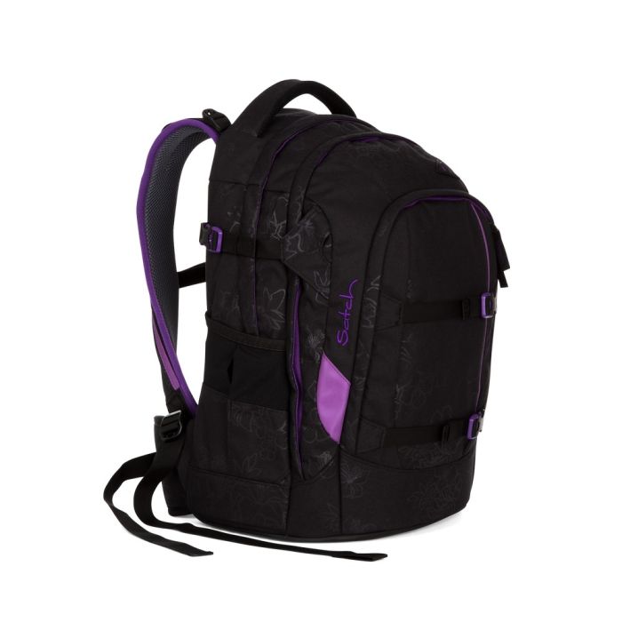 satch Schulrucksack pack Purple Hibiscus schräg vorne links