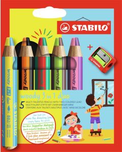 STABILO Aquarellfarbstift WOODY 3 in 1 duo im 5er Etui inklusive Spitzer
